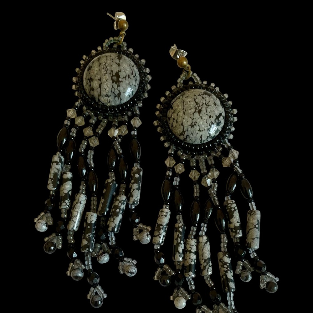 Vintage Beaded Jasper And Glass Leather Back Dangle Post Earrings
